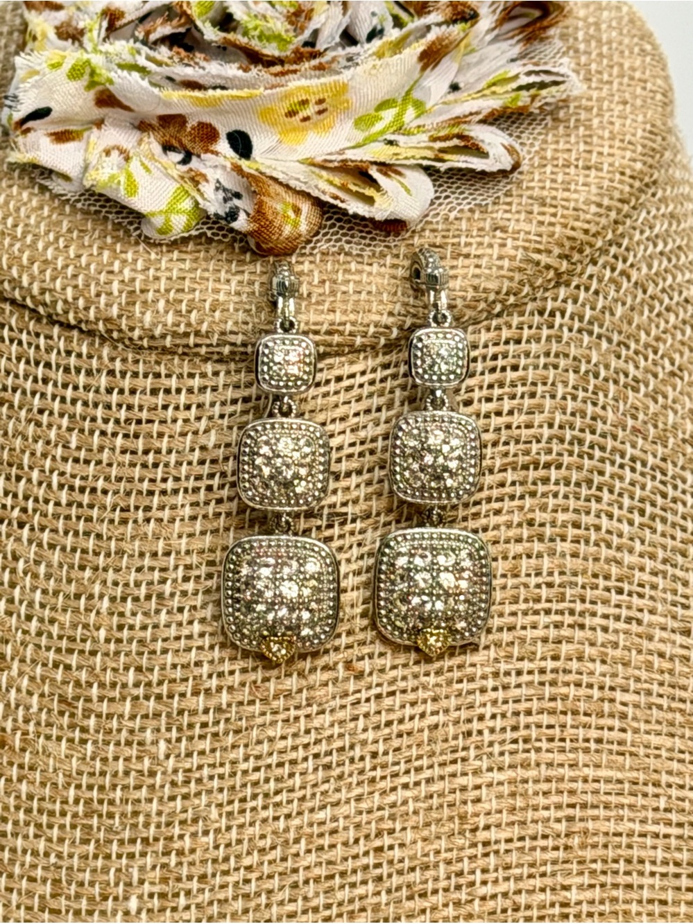 Judith Ripka 925 18K Diamonique Pavé Triple Drop Earrings 4”